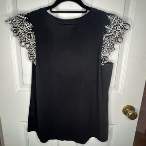 Chicos Black Top with White Lace Sleeves